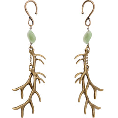 Handcrafted Antique Brass Plated Green Aventurine Antler Ear Weights