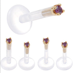 Solid 14K Yellow Gold 1.5mm Genuine Purple Diamond Bioplast Push in Labret