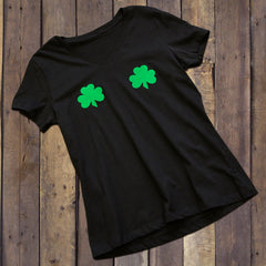 Lucky Green Shamrocks Black V-Neck Boobies Tee Shirt