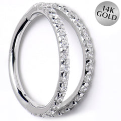 16G 3/8 Solid 14K White Gold Clear CZ Gem Hinged Segment Ring