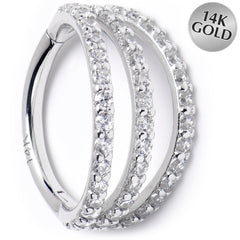 16G 3/8 Solid 14K White Gold Clear CZ Gem Row Hinged Segment Ring