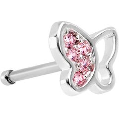 20G 1/4 Pink CZ Gem Half Paved Butterfly Nose Bone