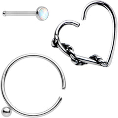 20G White Faux Opal Nose Bone Heart Closure Ring Pack Set of 3