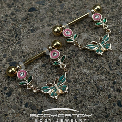 14G 9/16 Clear Gem Gold Tone Butterfly Flower Nipple Ring Set
