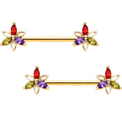 14G Rainbow Gem Star Gold Tone BCR Ring Barbell Nipple Ring Set