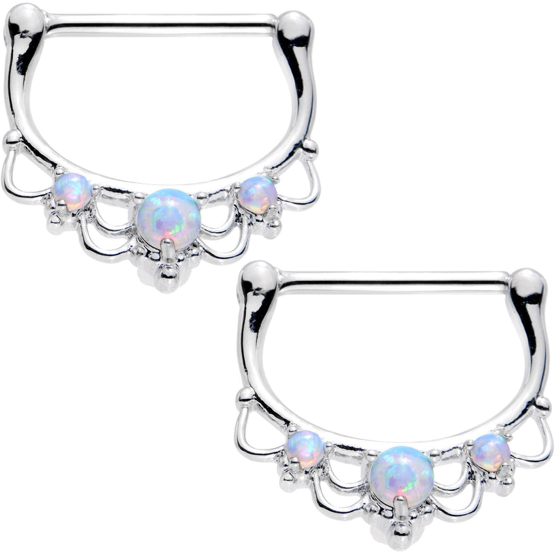 14G 9/16 White Faux Opal Delicate Flourish Nipple Clicker Set