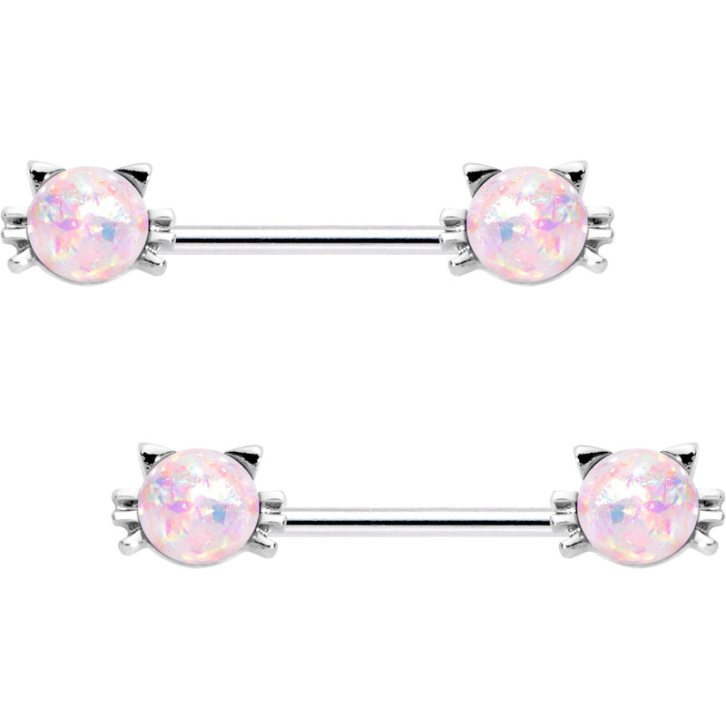 5/8 White Faux Opal Kitty Cat Whiskers Barbell Nipple Ring Set