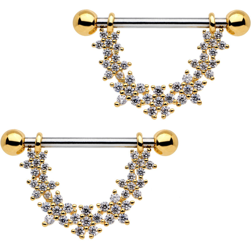 9/16 Clear CZ Gem Gold Tone Daisy Flower Chain Dangle Nipple Ring Set