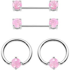 14G Pink CZ Gem BCR Captive Ring Barbell Nipple Ring Set