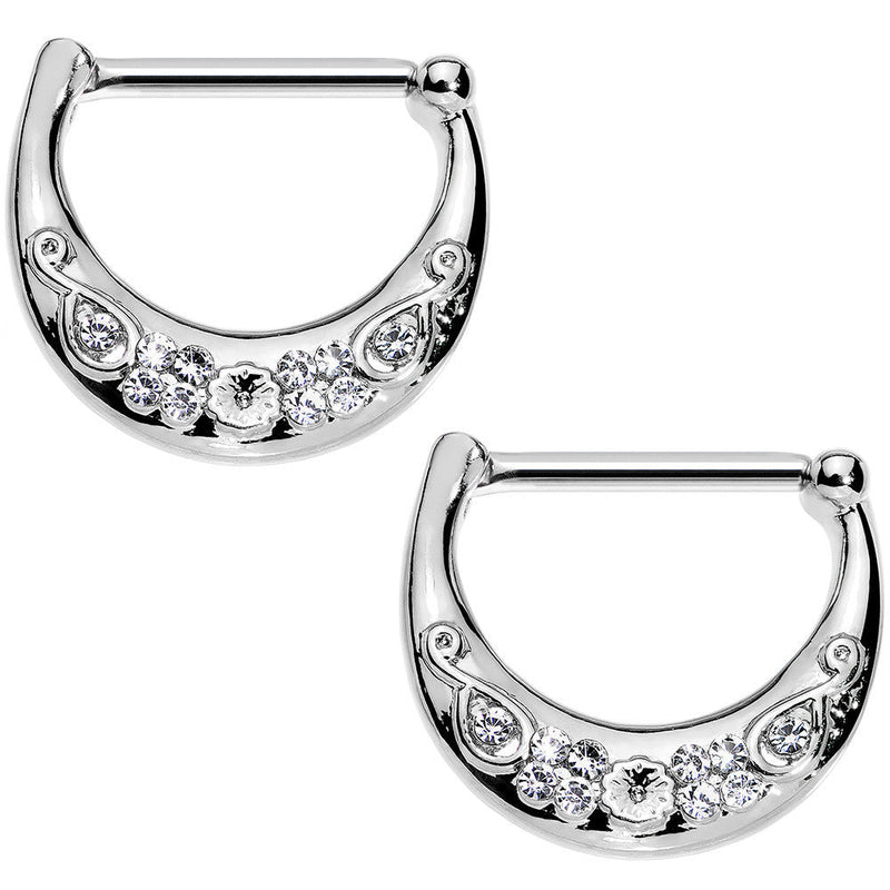 14G 1/2 Clear Gem Steel Floral Flourish Nipple Clicker Set
