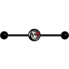 14G Katrina Sugar Skull with Rose Flower Black Industrial Barbell 37mm