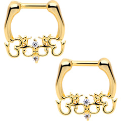 1/4 Clear CZ Gem Gold Tone Anodized Angel Swirl Nipple Clicker Set
