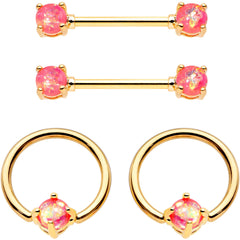 Pink Faux Opal Gold Tone Captive Ring Straight Barbell Nipple Ring Set