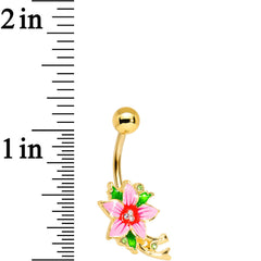 Green Clear Gem Pink Bashful Hibiscus Flower Belly Ring