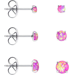 Pink Synthetic Opal Stainless Steel Post Stud Earring Pack Set of 3