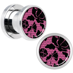 Pink Floral Lace Steel Screw Fit Plug Set 0G