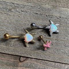 White Synthetic Opal Gold Tone Heart Starfish Nautical Belly Ring