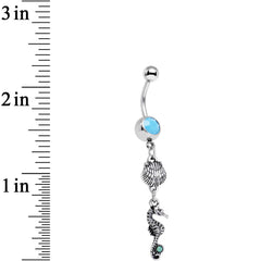 Green Blue Gem Ocean Beach Seahorse and Seashell Dangle Belly Ring