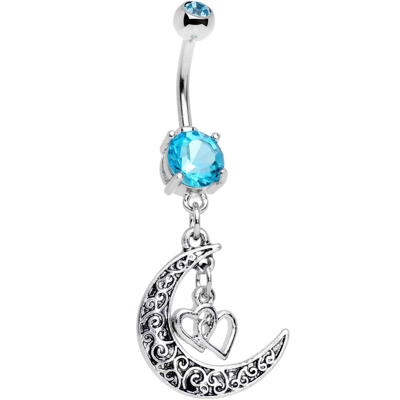 Aqua Gem Moon Full of Love Dangle Belly Ring