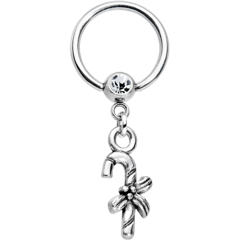 14G 1/2 Clear Gem Holiday Candy Cane Dangle BCR Captive Ring