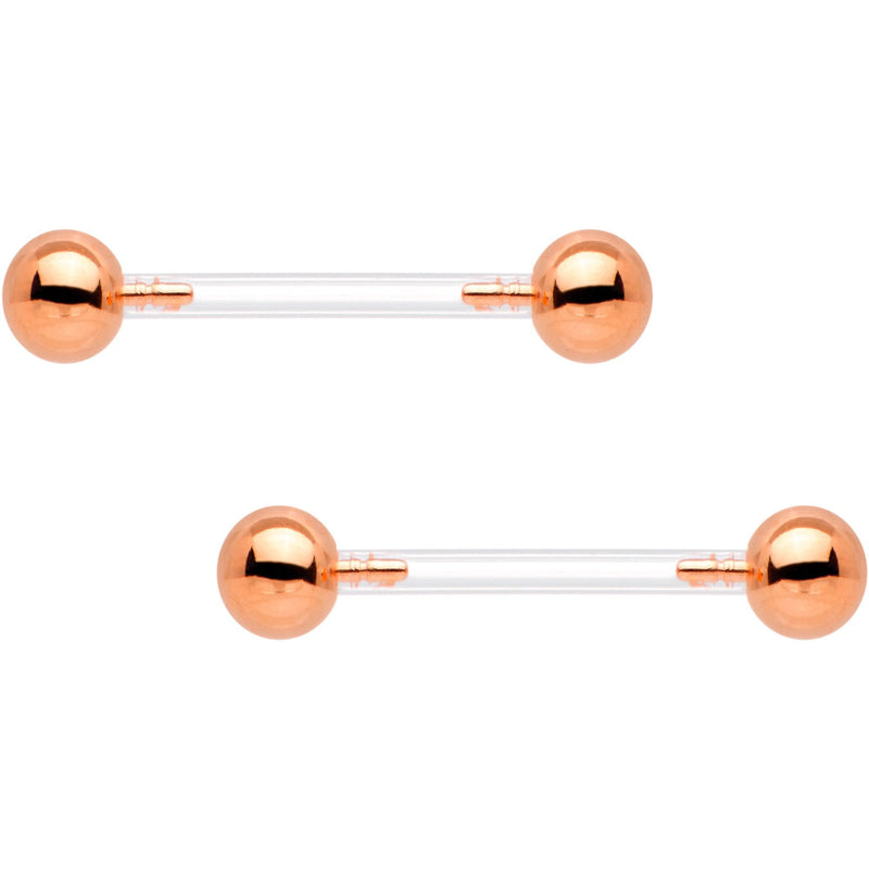 Clear Bioplast Barbell Rose Gold Tone Push In Ball Nipple Ring Set