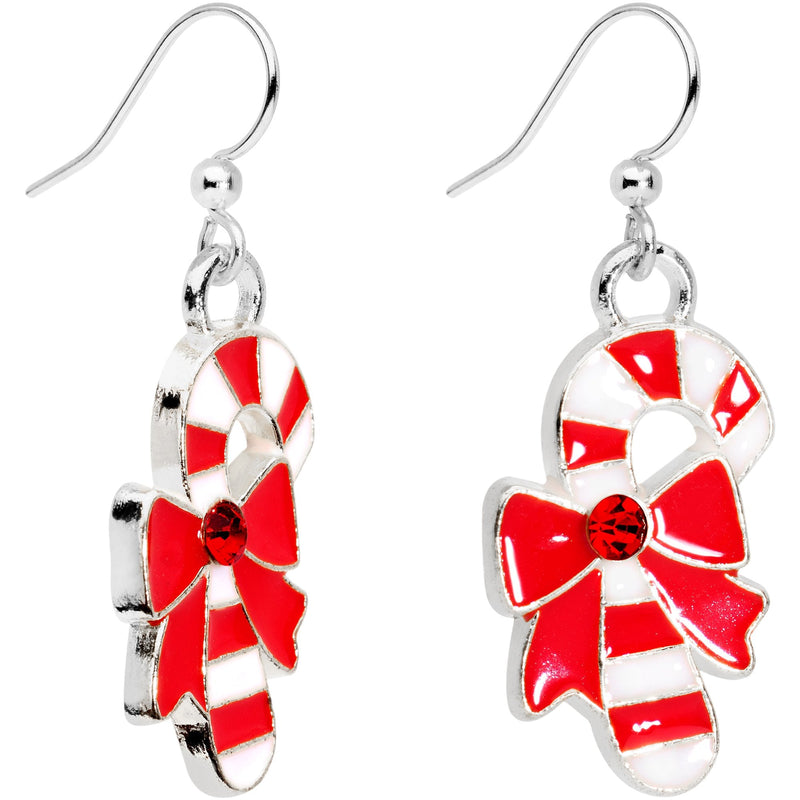 Red CZ Gem Silver Plated Bow Candy Cane Fishhook Earrings