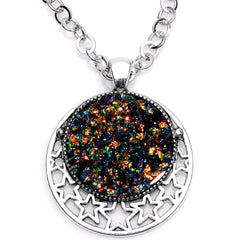 Handmade Black Faux Opal Starry Universe Silver Plated Chain Necklace